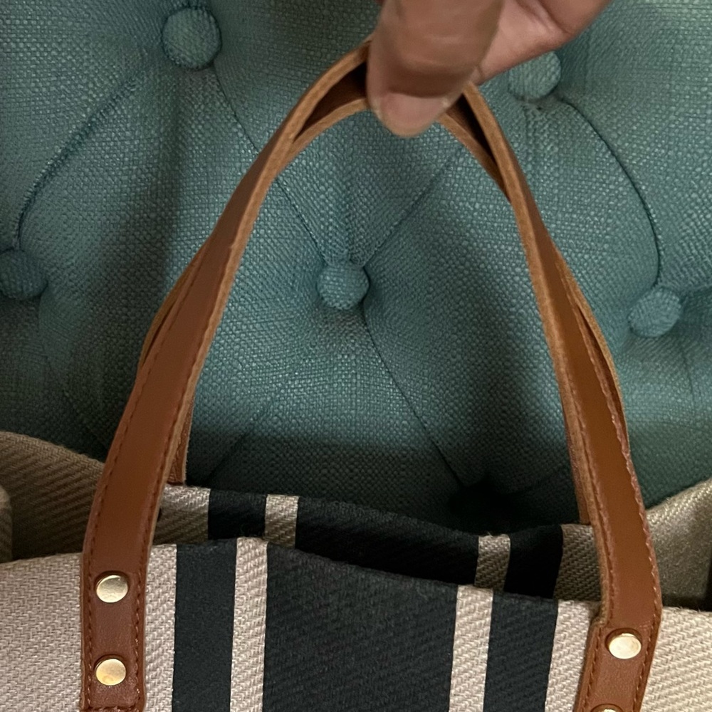 Structured Canvas Tote Bag Neutral Stripe Commuter & Beach Bag Tan/Black - Picture 9 of 10